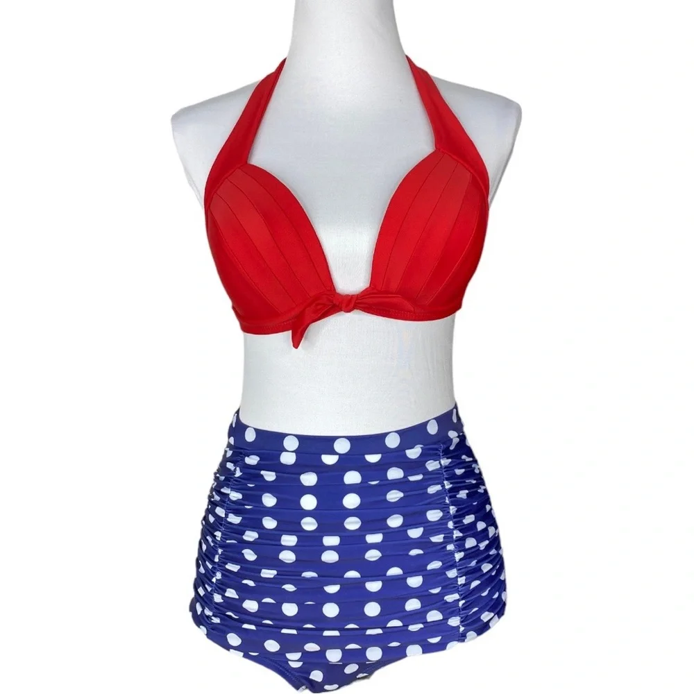 Aixy Women’s NWT Two Piece Retro High Waisted Polka Dot Bikini Swimsuit - Picture 1 of 16